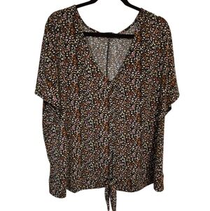 Black Tape Dainty Floral Tie Front Button Up Short Sleeve Blouse, Plus Size 3X